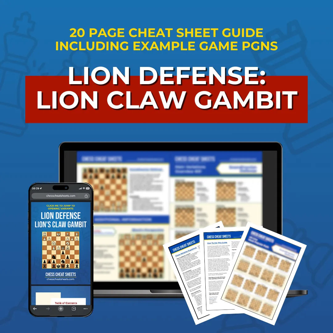 Lion Defense: Lion Claw Gambit Variation - Chess Opening Cheat Sheet | Interactive And Printable Chess Opening Guide Chess Cheat Sheets