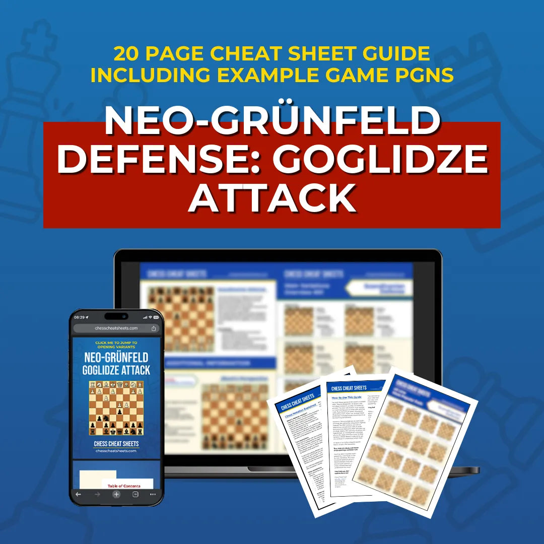 Neo-Grünfeld Defense: Goglidze Attack - Chess Opening Cheat Sheet | Interactive And Printable Chess Opening Guide Chess Cheat Sheets