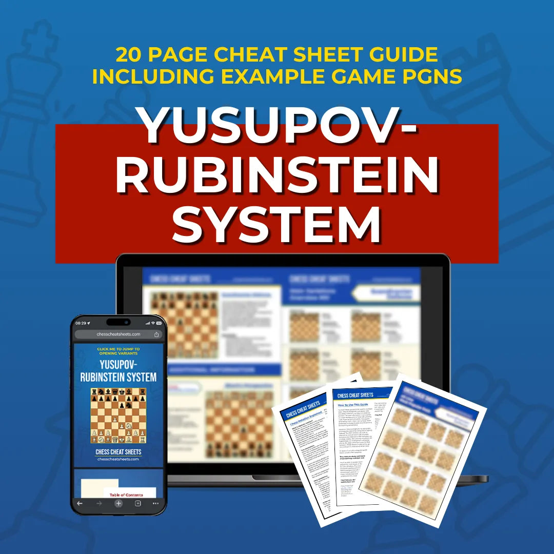 Yusupov-Rubinstein System - Chess Opening Cheat Sheet | Interactive And Printable Chess Opening Guide Chess Cheat Sheets