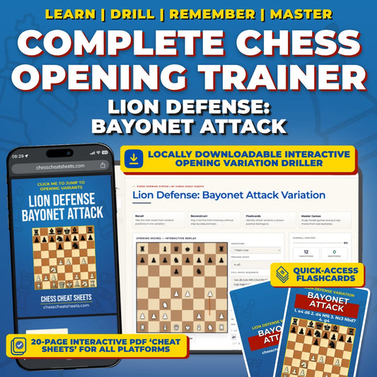 Lion Defense - Bayonet Attack Chess Opening Trainer & Learning System | Interactive And Printable Chess Opening Guide With Cheat Sheets