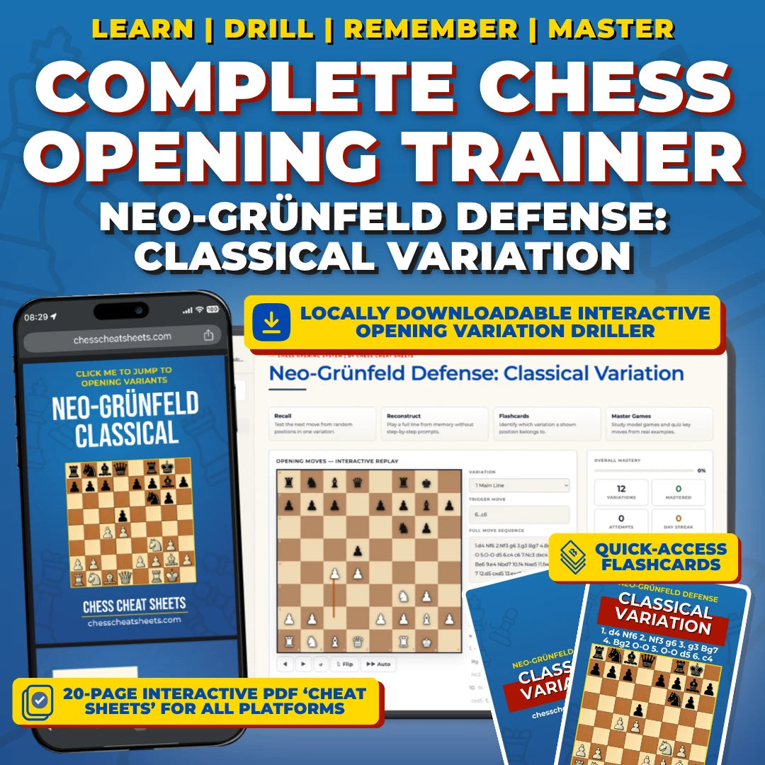 Neo-Grünfeld Defense - Classical Variation Chess Opening Trainer & Learning System | Interactive And Printable Chess Opening Guide With Cheat Sheets