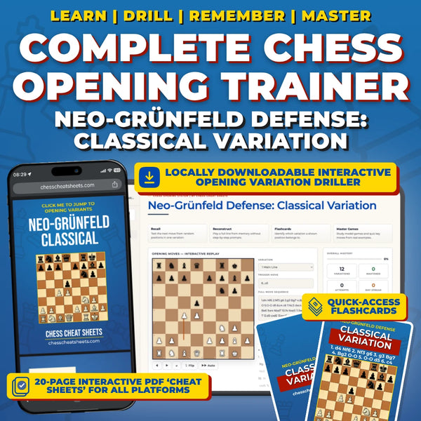 Neo-Grünfeld Defense - Classical Variation Chess Opening Trainer & Learning System | Interactive And Printable Chess Opening Guide With Cheat Sheets