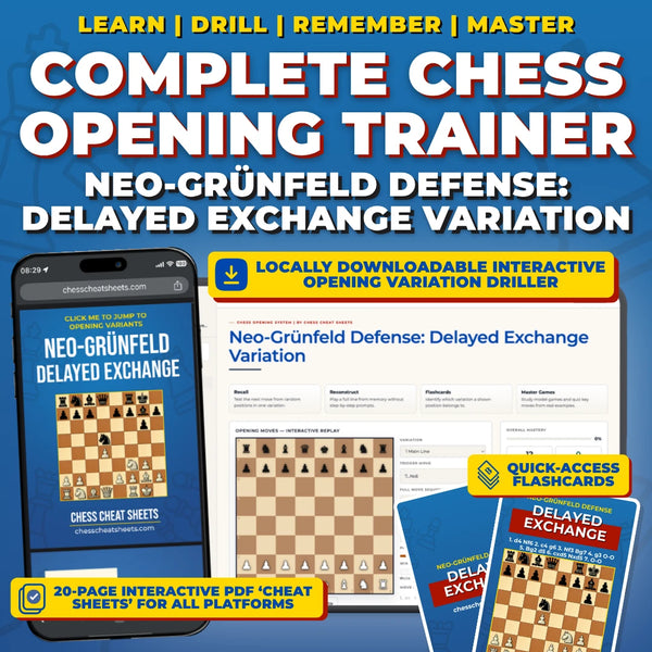 Neo-Grünfeld Defense - Delayed Exchange Variation Chess Opening Trainer & Learning System | Interactive And Printable Chess Opening Guide With Cheat Sheets