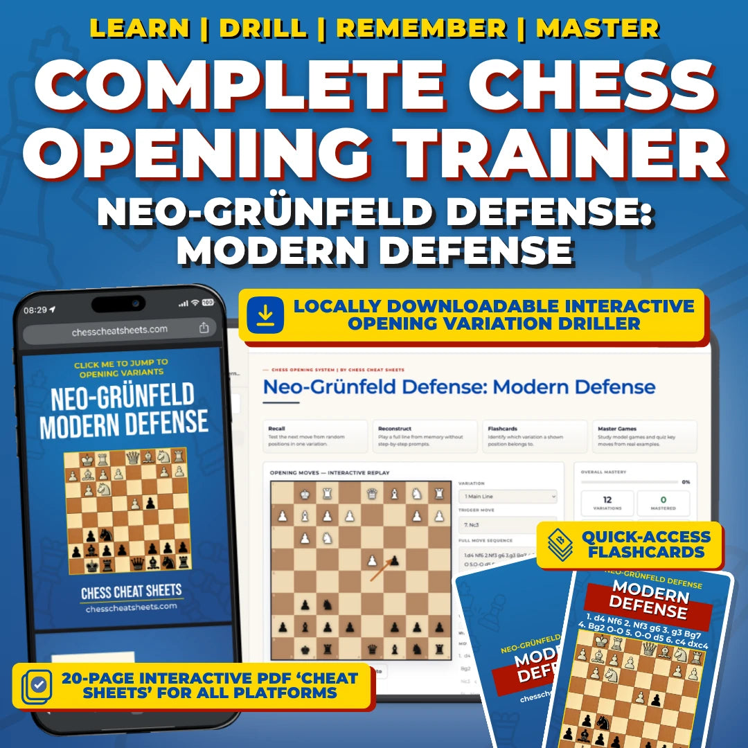 Neo-Grünfeld Defense - Modern Defense Chess Opening Trainer & Learning System | Interactive And Printable Chess Opening Guide With Cheat Sheets