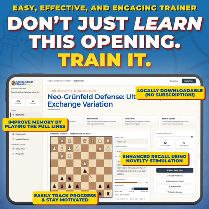 Neo-Grünfeld Defense - Ultra-Delayed Exchange Variation Chess Opening Trainer & Learning System | Interactive And Printable Chess Opening Guide With Cheat Sheets