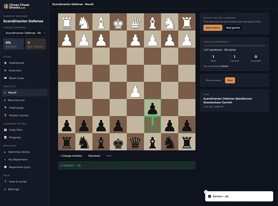 Recall mode in the Opening Mastery Trainer