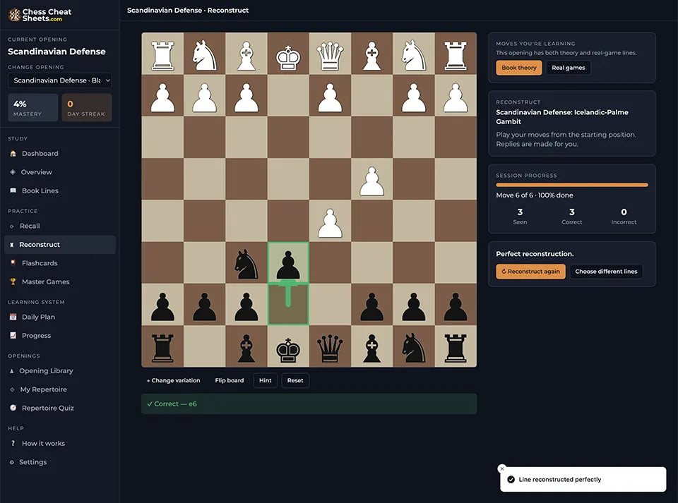 Reconstruct mode in the Opening Mastery Trainer