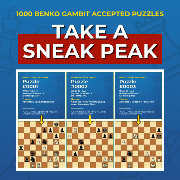 1000 Benko Gambit Accepted Puzzles - Visual PDF Chess Opening Puzzles For The Benko Gambit Accepted Chess Cheat Sheets