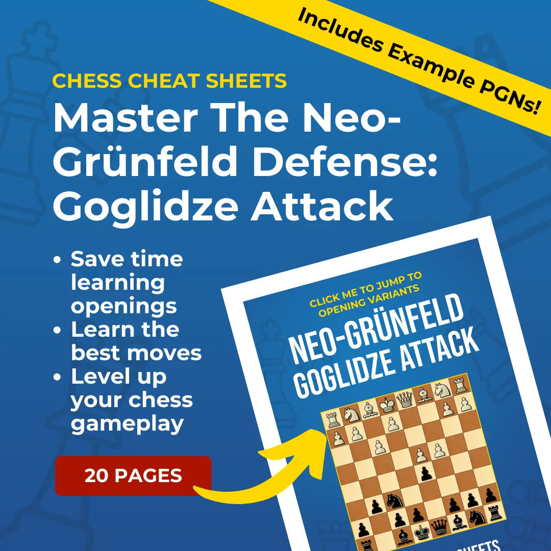Neo-Grünfeld Defense: Goglidze Attack - Chess Opening Cheat Sheet | Interactive And Printable Chess Opening Guide Chess Cheat Sheets