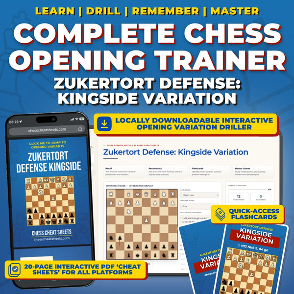 Zukertort Defense - Kingside Variation Chess Opening Trainer & Learning System | Interactive And Printable Chess Opening Guide With Cheat Sheets