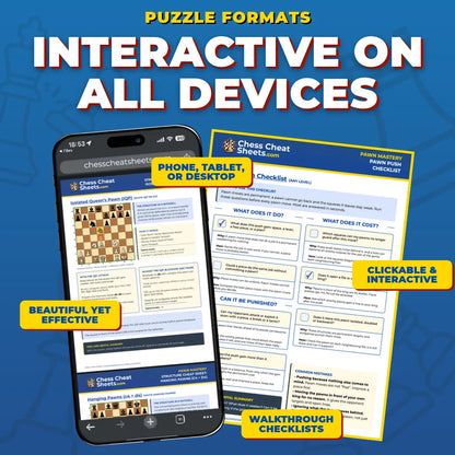 Interactive chess pawn cheat sheet PDF on a phone next to a page with a clickable pawn push checklist