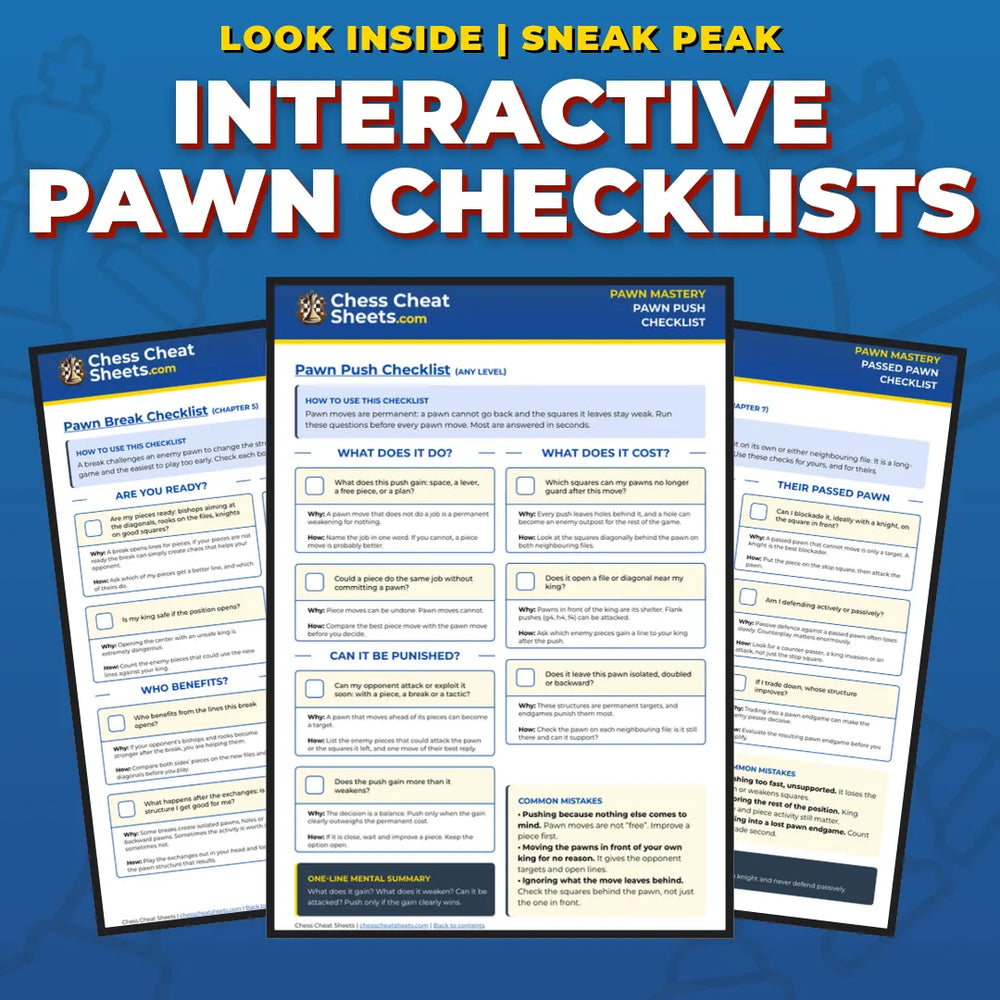 Interactive pawn checklists from the Pawn Mastery cheat sheets: Pawn Break, Pawn Push and Passed Pawn checklist pages