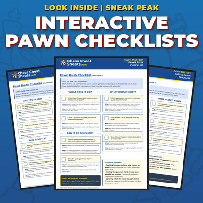 Interactive pawn checklists from the Pawn Mastery cheat sheets: Pawn Break, Pawn Push and Passed Pawn checklist pages