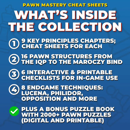 What is inside Pawn Mastery: 9 key principles chapters, 16 pawn structures, 6 checklists, 8 endgame techniques