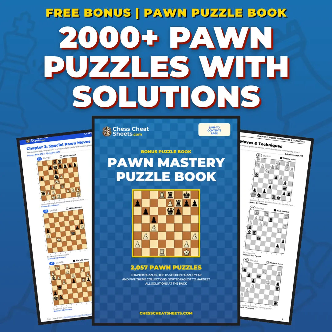 Free Pawn Mastery Puzzle Book bonus with over 2000 chess pawn puzzles and all solutions