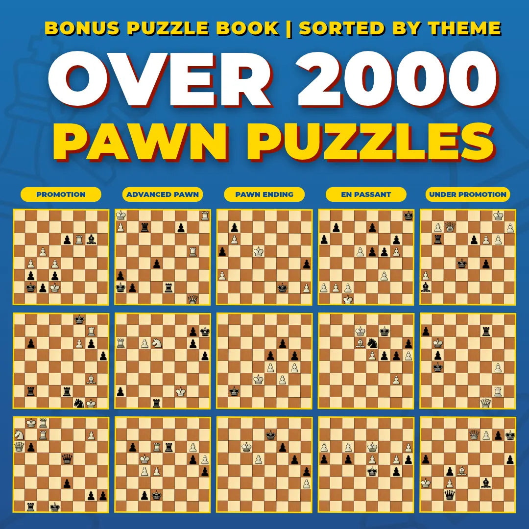 Over 2000 chess pawn puzzles sorted by theme: promotion, advanced pawn, pawn ending, en passant and underpromotion